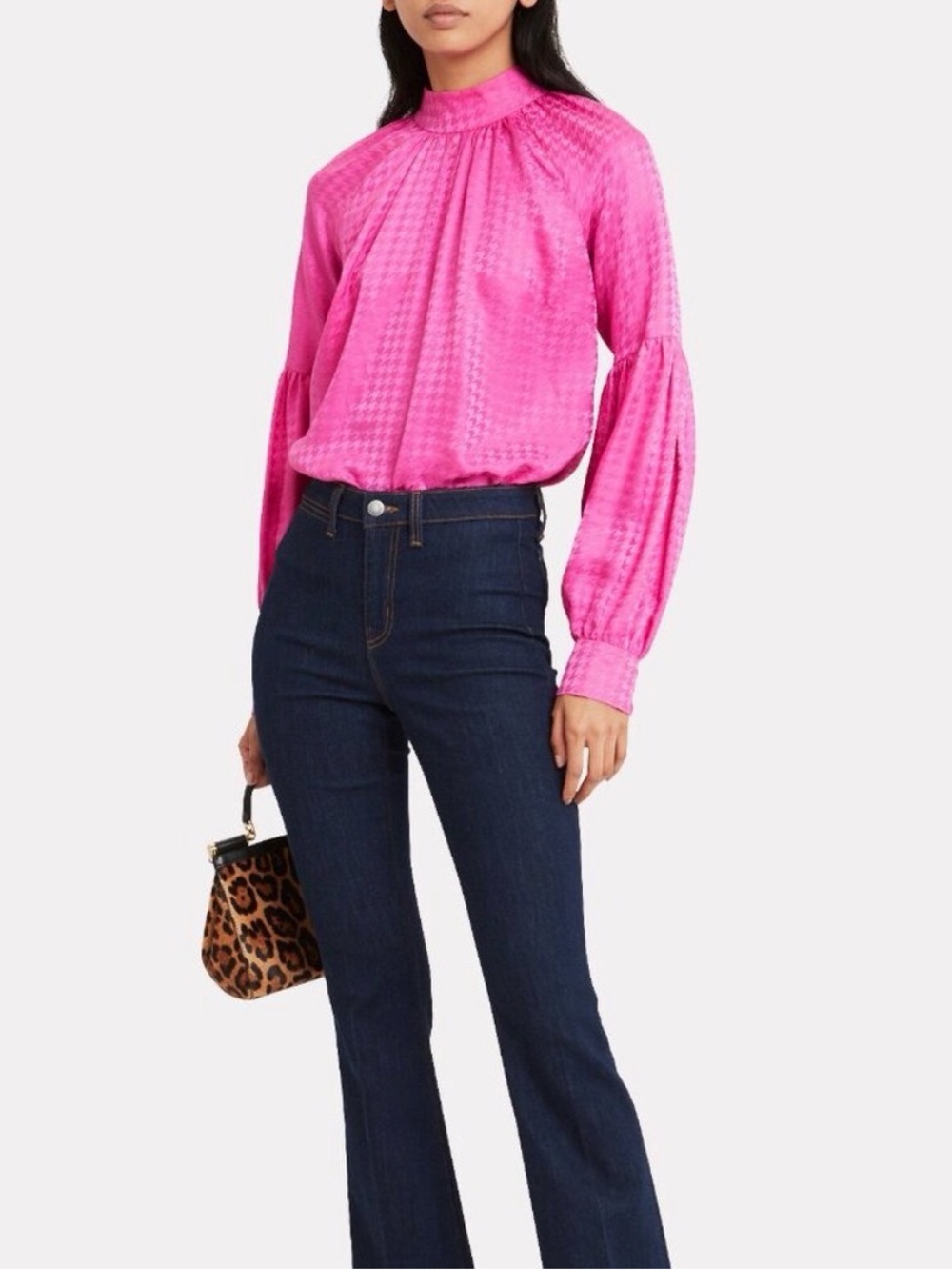 Veronica Beard Cicely Houndstooth Jacquard Silk Blouse a vibrant pink